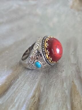 Ross-Simons Red Coral and Turquoise Statement Ring